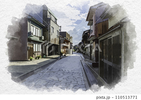水彩画風　高岡　金屋町　千本格子の家並み　富山県高岡市 110513771