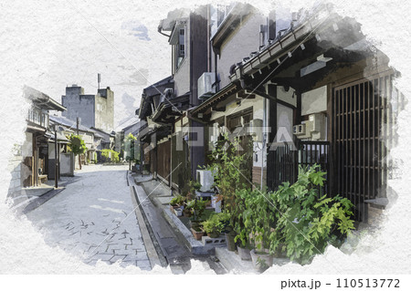 水彩画風　高岡　金屋町　千本格子の家並み　富山県高岡市 110513772