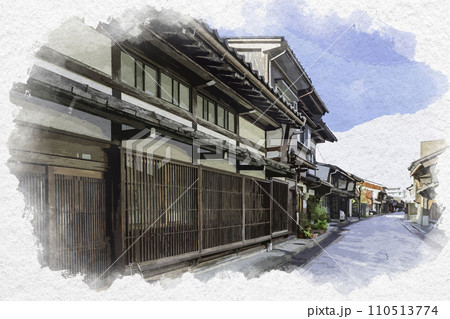 水彩画風　高岡　金屋町　千本格子の家並み　富山県高岡市 110513774