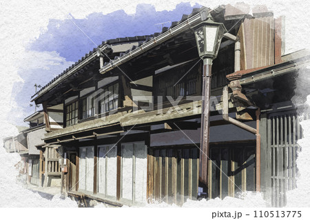 水彩画風 高岡 金屋町 千本格子の家並み 富山県高岡市 水彩画風 高岡 金屋町 千本格子の家並み 富山県高岡市 110513775