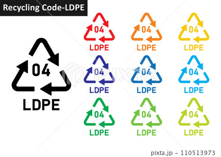 LDPE plastic recycling code icon set. Plastic recycling symbols 04 LDPE. Plastic recycling code 04 icon collection in ten different colors. Set of plastic recycling code symbol icon 04 LDPE. LDPE plastic recycling code icon set. Plastic recycling symbols 04 LDPE. Plastic recycling code 04 icon collection in ten different colors. Set of plastic recycling code symbol icon 04 LDPE. 110513973