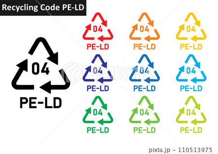 PE-LD plastic recycling code icon set. Plastic recycling symbols 04 PE-LD. Plastic recycling code 04 icon collection in ten different colors. Set of plastic recycling code symbol icon 04 PE-LD. 110513975
