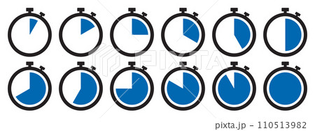 Stopwatch icon set in blue color. Stopwatch symbol set. Collection of timer icon set in blue color on white background. Countdown clock stopwatch, timer vector illustation. 110513982