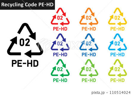 PE-HD plastic recycling code icon set. Plastic recycling symbols 02 PE-HD. Plastic recycling code 02 icon collection in ten different colors. Set of plastic recycling code symbol icon 02 PE-HD. 110514024
