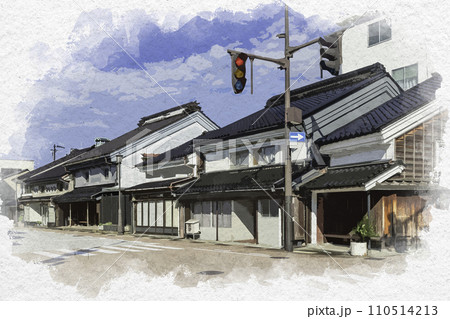 水彩画風　高岡　山町筋の町並み　土蔵造りのまち資料館　富山県高岡市 110514213