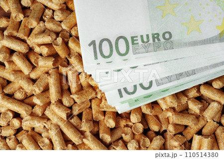 Euro banknotes and wood pellets close up Euro banknotes and wood pellets close up 110514380