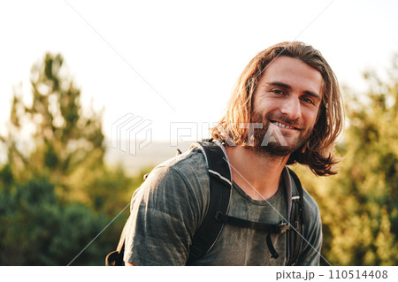 Portrait of hiker man with backpack trekking in the mountains 110514408