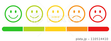 Rating emojis set in different colors outline with a rating scale. Feedback emoticons collection, Very happy, happy, neutral, sad and very sad emojis with a rating review measuring scale. Rating emojis set in different colors outline with a rating scale. Feedback emoticons collection, Very happy, happy, neutral, sad and very sad emojis with a rating review measuring scale. 110514410
