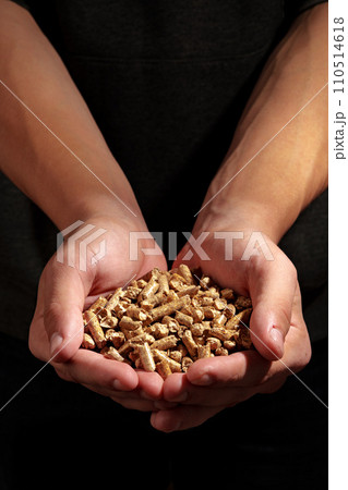 Human hands holding wooden pellets biofuel studio shot 110514618