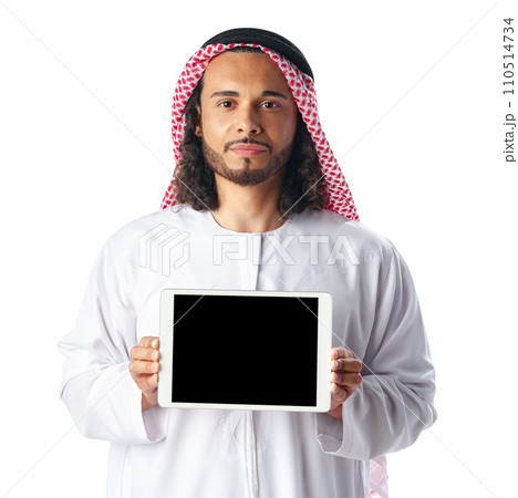 Young Arab man in traditional dress thobe showing digital tablet with black screen on white background 110514734