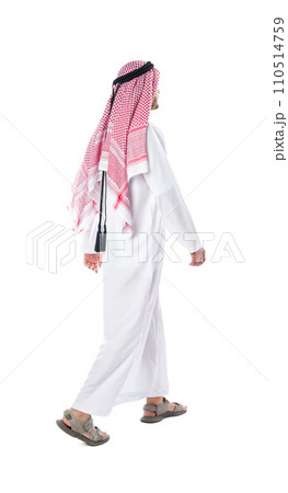 Back view of an Arab man in thobe standing on white isolated background Back view of an Arab man in thobe standing on white isolated background 110514759
