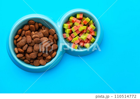 Dogs food in bowl and snacks on blue background Dogs food in bowl and snacks on blue background 110514772