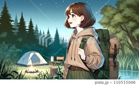 テントの前で焚火を眺める女の子 110515006