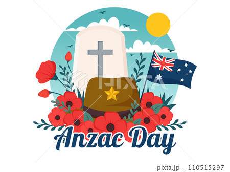Anzac Day of Lest We Forget Vector Illustration on 25 April with Remembrance Soldier Paying Respect and Red Poppy Flower in Flat Cartoon Background 110515297