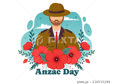 Anzac Day of Lest We Forget Vector Illustration on 25 April with Remembrance Soldier Paying Respect and Red Poppy Flower in Flat Cartoon Background 110515298