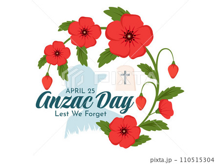 Anzac Day of Lest We Forget Vector Illustration on 25 April with Remembrance Soldier Paying Respect and Red Poppy Flower in Flat Cartoon Background Anzac Day of Lest We Forget Vector Illustration on 25 April with Remembrance Soldier Paying Respect and Red Poppy Flower in Flat Cartoon Background 110515304