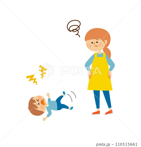 癇癪をおこす子供と困るお母さん　かわいいイラスト素材 110515661