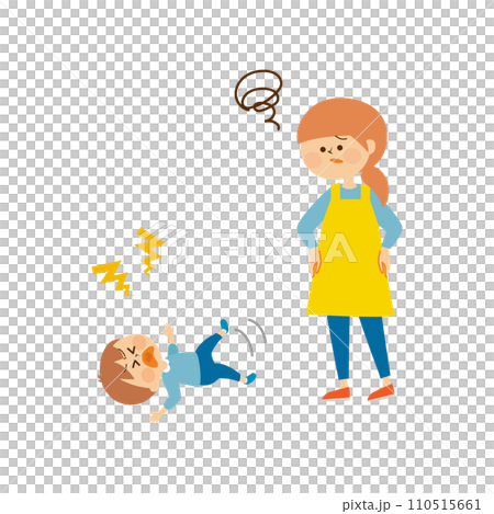 癇癪をおこす子供と困るお母さん　かわいいイラスト素材 110515661