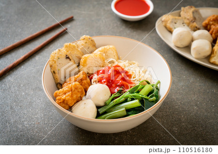 egg noodles with fish balls and shrimp balls in pink sauce, Yen Ta Four or Yen Ta Fo 110516180