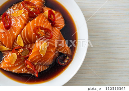 fresh salmon raw pickled in shoyu sauce fresh salmon raw pickled in shoyu sauce 110516365