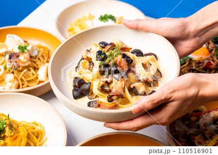 fettuccine truffle mushroom on plate fettuccine truffle mushroom on plate 110516901