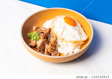 Rice with Garlic Chicken and Fried Egg Rice with Garlic Chicken and Fried Egg 110516913