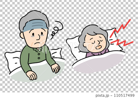 いびきをかく女性と眠れない男性 110517499