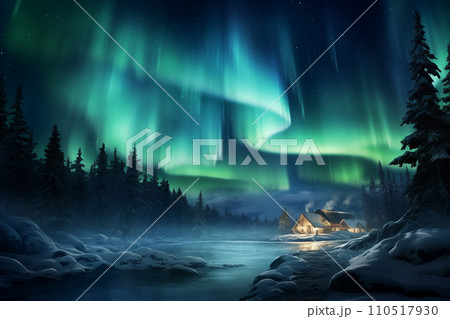 Scenic of Northern lights aurora borealis green and purple with snow mountains Reflection in the lake water at night, In Scandinavia Country Winter Season, North pole, Northern Europe, Generative AI 110517930