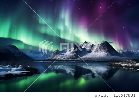 Scenic of Northern lights aurora borealis green and purple with snow mountains Reflection in the lake water at night, In Scandinavia Country Winter Season, North pole, Northern Europe, Generative AI 110517931