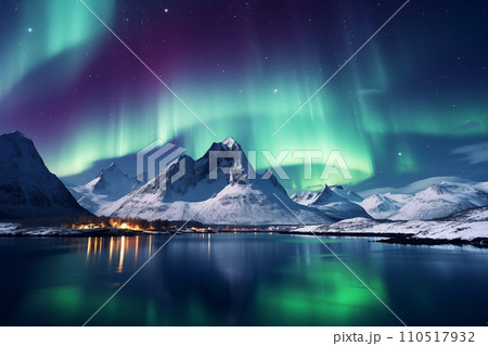 Landscape of Northern lights aurora borealis green and purple with snow mountains Reflection in the lake water at night, In Scandinavia Country Winter Season, North pole, Northern Europe 110517932