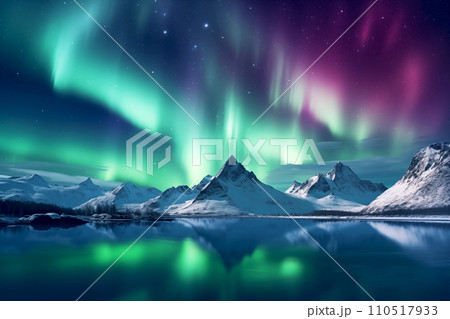 Landscape of Northern lights aurora borealis green and purple with snow mountains Reflection in the lake water at night, In Scandinavia Country Winter Season, North pole, Northern Europe Generative AI 110517933