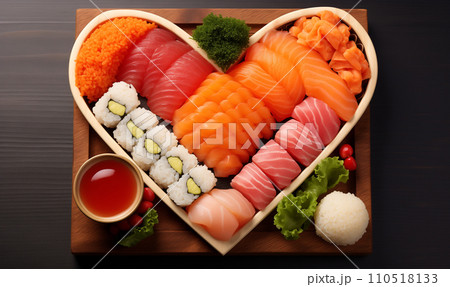 AI-generated content. Heart shaped sushi plate of many types of sushi with copy space 110518133