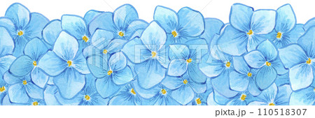 Hand drawn watercolor blue hortense flowers seamless border isolated on white background. Can be used for label, tape, decoration and other printed products. Hand drawn watercolor blue hortense flowers seamless border isolated on white background. Can be used for label, tape, decoration and other printed products. 110518307