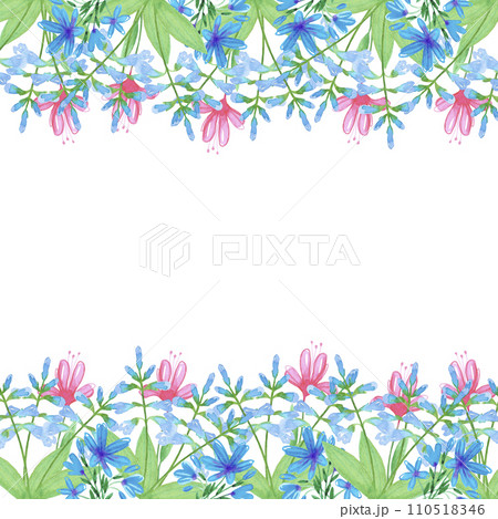 Hand drawn watercolor abstract periwinkle and daisy flowers frame border isolated on white background. Can be used for cards, album, poster and other printed products. 110518346