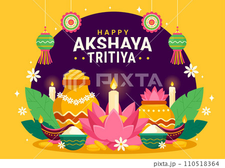 Akshaya Tritiya Festival Vector Illustration with a Golden Kalash, Candle, Pot and Gold Coins for Dhanteras Celebration in Traditional Hindu Holiday Akshaya Tritiya Festival Vector Illustration with a Golden Kalash, Candle, Pot and Gold Coins for Dhanteras Celebration in Traditional Hindu Holiday 110518364