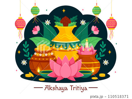 Akshaya Tritiya Festival Vector Illustration with a Golden Kalash, Candle, Pot and Gold Coins for Dhanteras Celebration in Traditional Hindu Holiday Akshaya Tritiya Festival Vector Illustration with a Golden Kalash, Candle, Pot and Gold Coins for Dhanteras Celebration in Traditional Hindu Holiday 110518371