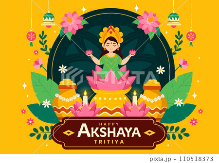 Akshaya Tritiya Festival Vector Illustration with a Golden Kalash, Candle, Pot and Gold Coins for Dhanteras Celebration in Traditional Hindu Holiday Akshaya Tritiya Festival Vector Illustration with a Golden Kalash, Candle, Pot and Gold Coins for Dhanteras Celebration in Traditional Hindu Holiday 110518373