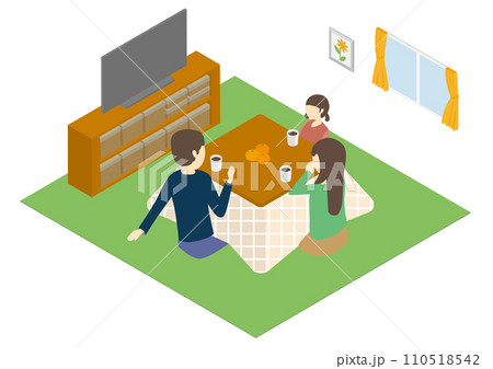 リビングのこたつで団欒する家族 110518542