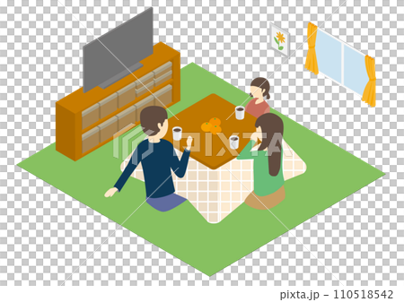 リビングのこたつで団欒する家族 110518542