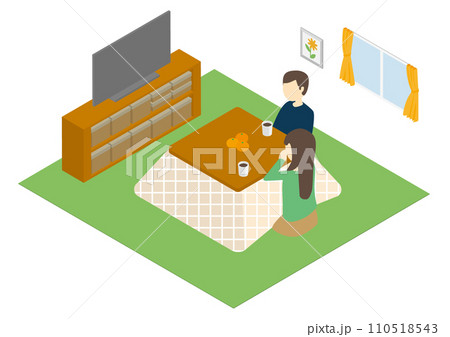 リビングのこたつで温まる男女 110518543