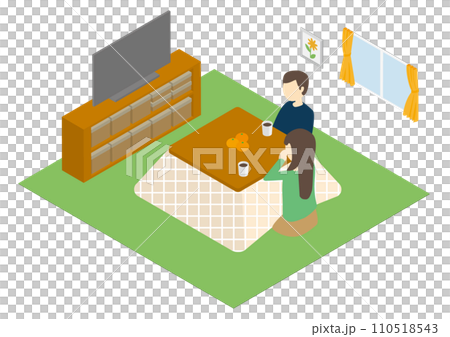 リビングのこたつで温まる男女 110518543