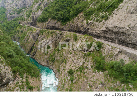 aerial view of the road in the canyon of the river Moraca aerial view of the road in the canyon of the river Moraca 110518750