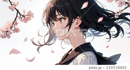 桜 制服 可愛い女の子 白背景 イラスト「AI生成画像」 110518892