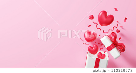Valentine's day banner design of gift box with red hearts on pink background 3D render 110519378
