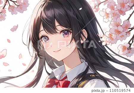桜と制服の女の子　イラスト「AI生成画像」 110519574