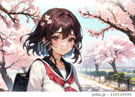 桜と制服の女の子　イラスト「AI生成画像」 110519595