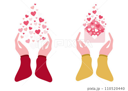 Cartoon hands with envelope and flying out hearts. Vector Flat illustration of health, insurance, solidarity. Hands give donate, help, gift. Template for Poster, Valentine day card, Romantic, Empathy. Cartoon hands with envelope and flying out hearts. Vector Flat illustration of health, insurance, solidarity. Hands give donate, help, gift. Template for Poster, Valentine day card, Romantic, Empathy. 110520440