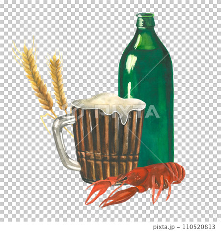 Watercolor composition of illustrations of a green glass bottle, a mug of beer, boiled crayfish and an ear of barley. Isolated on a white background, hand-drawn 110520813