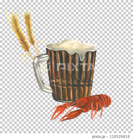 Watercolor composition of illustrations of a mug of beer, boiled crayfish and ears of barley. Isolated on a white background, hand drawn. 110520818