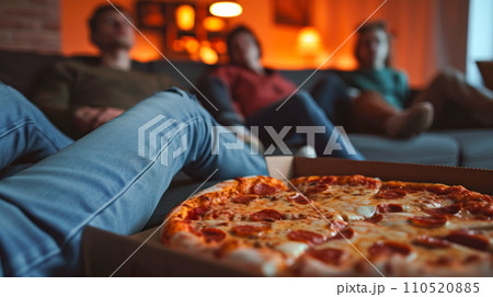 Selective focus on pizza on table and blurred portrait of teenagers sitting on sofa and watching TV, fresh food delivery from pizzeria, small local business concept, banner or advertising idea Selective focus on pizza on table and blurred portrait of teenagers sitting on sofa and watching TV, fresh food delivery from pizzeria, small local business concept, banner or advertising idea 110520885